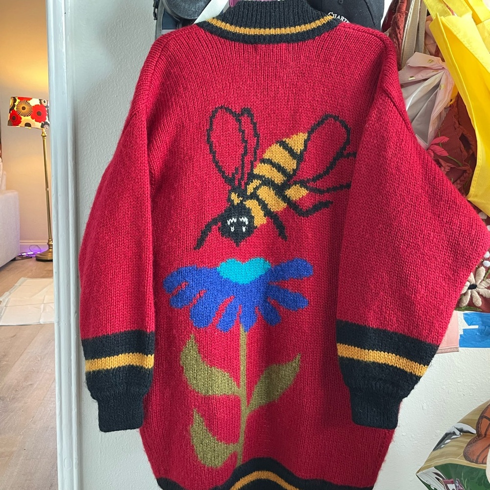 Vintage Red Yellow Black Cardigan with Blue Floral and Bee Design